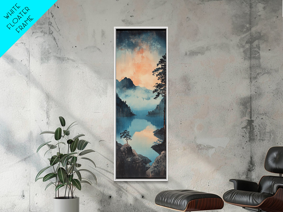 Misty Blue Mountain Lake Wall Art, Japanese Landscape Print, Serene Nature Decor, Long Narrow Canvas For Living Room Wall Decor