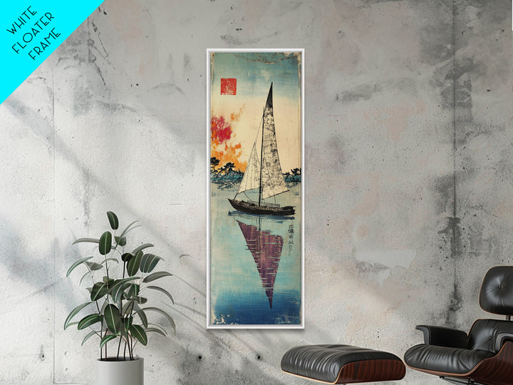 White Sailboat Reflected On Calm Blue Water Wall Art, Japanese Coastal Print, Nautical Decor, Long Narrow Living Room Art