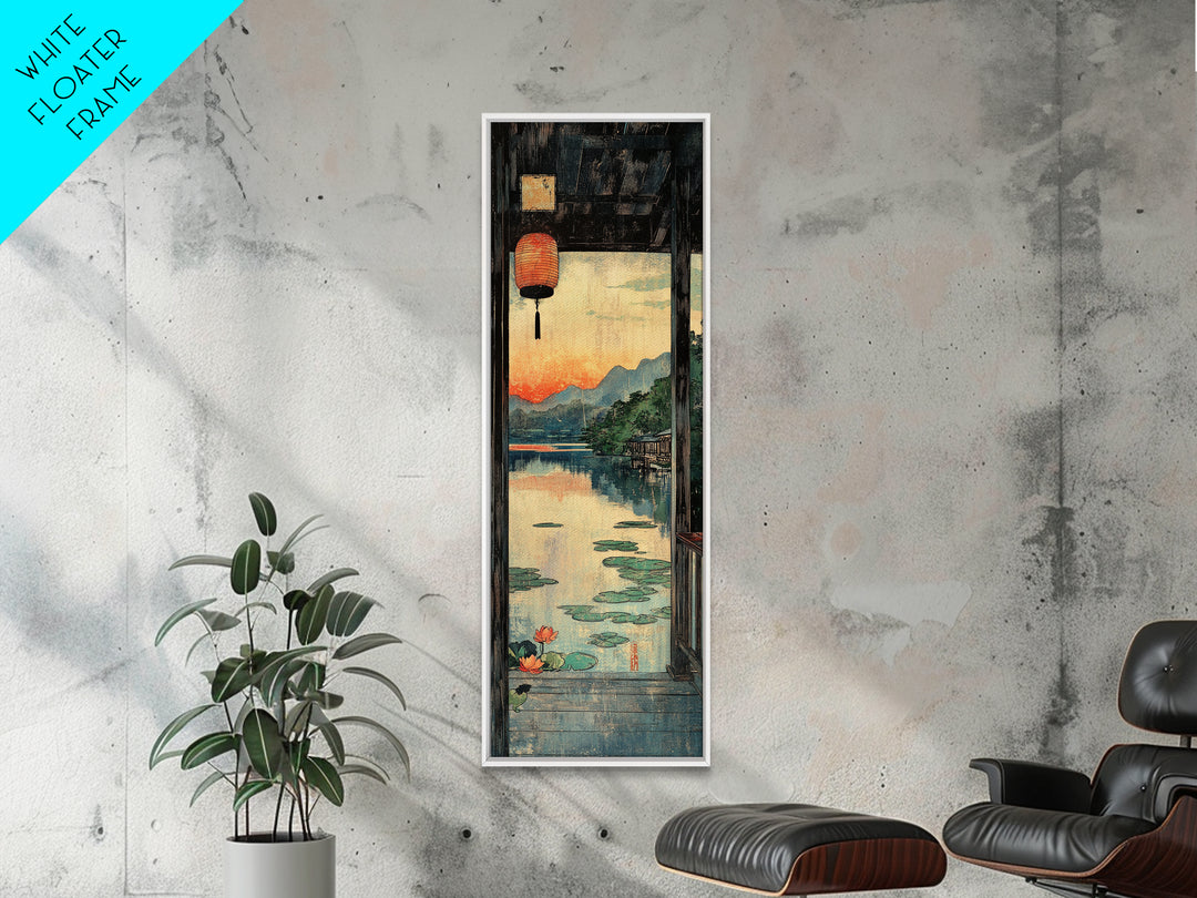 Lantern Window Over Lotus Lake Framed Canvas Print, Japanese Landscape Wall Art, Zen Home Decor, Long Narrow Asian Print
