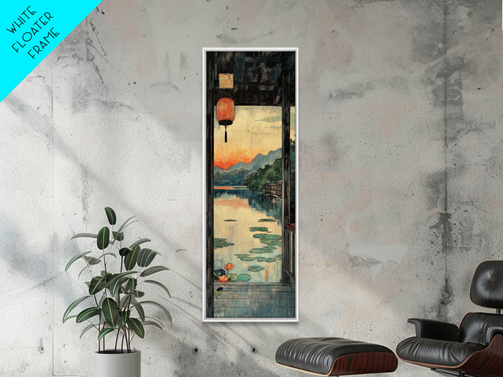 Lantern Window Over Lotus Lake Framed Canvas Print, Japanese Landscape Wall Art, Zen Home Decor, Long Narrow Asian Print