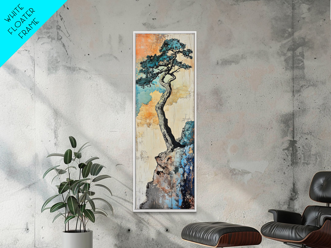 Twisted Pine Tree On Rocky Cliff Wall Art, Japanese Nature Print, Rustic Asian Decor, Long Narrow Minimalist Canvas Wall Decor