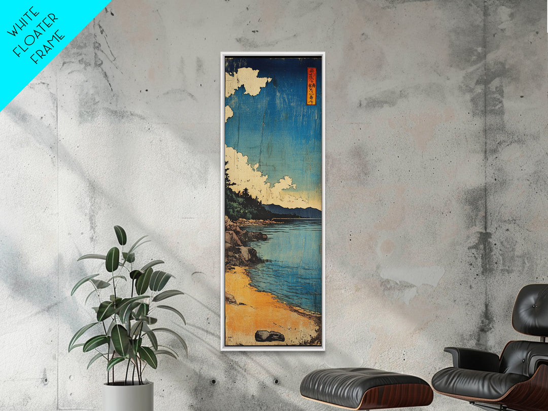 Blue Coastal Shore With White Clouds Canvas Print, Japanese Seascape Wall Art, Beach House Decor, Long Narrow Ocean Print