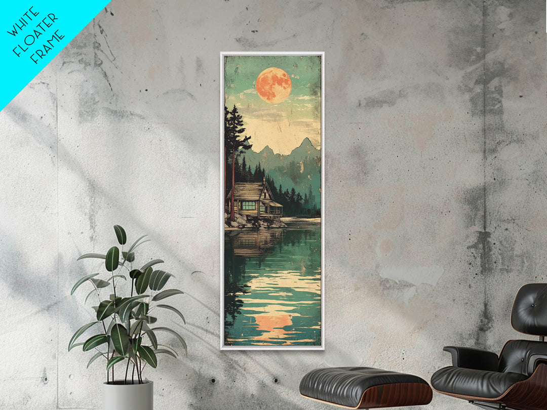 Full Moon Cabin Beside Green Lake Wall Art, Japanese Landscape Print, Cozy Rustic Decor, Long Narrow Mountain Lake Canvas Art