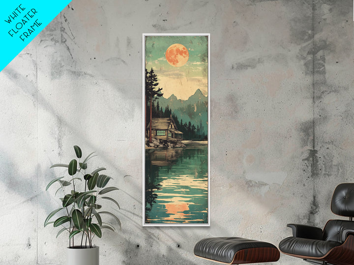 Full Moon Cabin Beside Green Lake Wall Art, Japanese Landscape Print, Cozy Rustic Decor, Long Narrow Mountain Lake Canvas Art