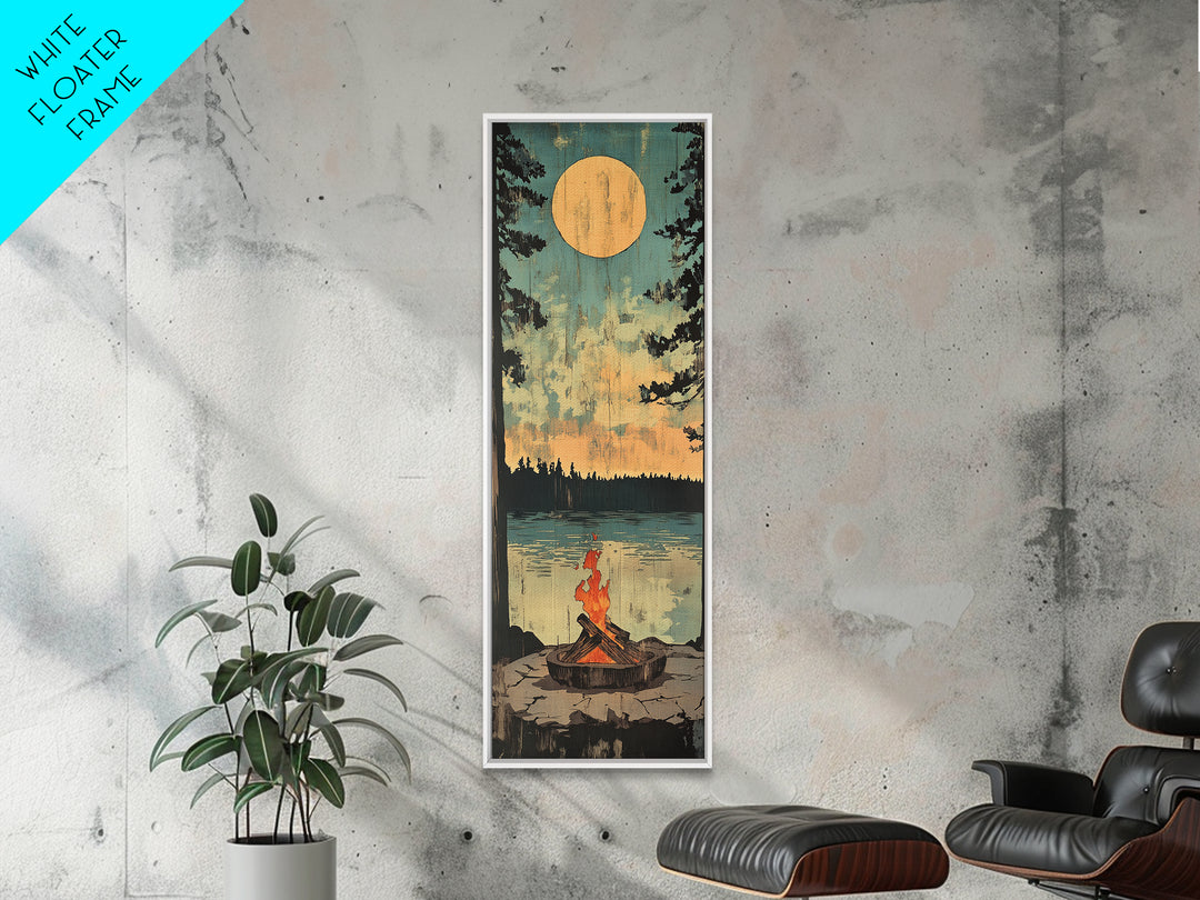 Moonlit Campfire By Quiet Lake Wall Art, Rustic Cabin Decor, Nature Landscape Print, Cozy Lodge Gift, Vertical Canvas Print, Home Decor