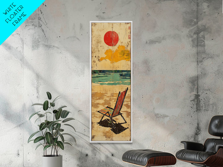 Striped Beach Chair Under Red Sun Canvas Print, Coastal Wall Art, Beach House Decor, Summer Ocean Print, Gift For Her, Home Decor