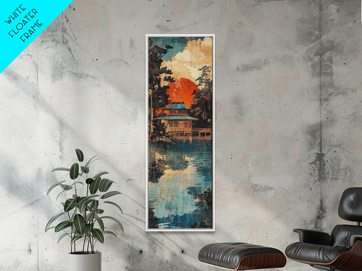 Japanese Lakeside Temple At Sunset Framed Canvas Print, Japandi Wall Art, Asian Landscape, Zen Home Decor, Housewarming Gift