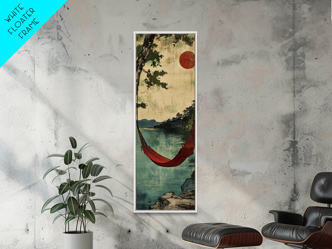 Red Hammock Over Serene Lake Wall Art, Japandi Landscape Print, Rustic Cabin Decor, Nature Wall Decor, Calming Home Decor Gift