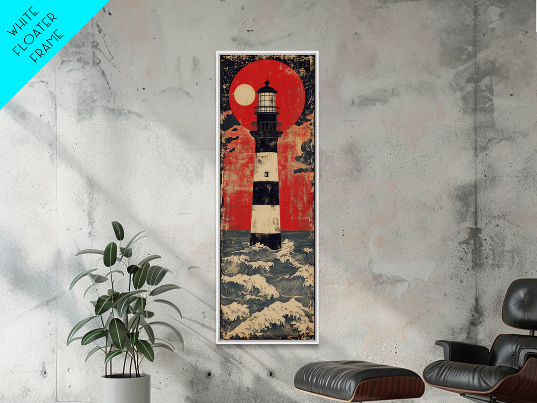 Striped Lighthouse Beneath Red Sun Wall Art, Nautical Canvas Print, Ocean Wall Decor, Coastal Home Decor, Statement Gift