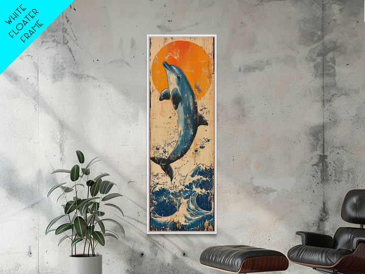 Jumping Dolphin Ocean Wall Art, Japanese Wave Canvas Print, Coastal Beach Decor, Orange Sun Nautical Art Print, Gift For Her