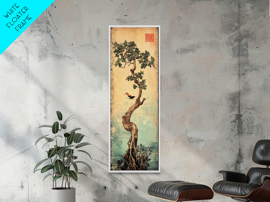 Bonsai Tree With Exposed Roots Wall Art, Japanese Botanical Canvas Print, Zen Nature Decor, Bird Wall Art, Wabi Sabi Decor