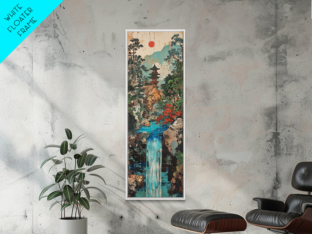 Pagoda Waterfall In Misty Mountain Forest Framed Canvas Print, Japanese Wall Art, Zen Decor, Japandi Landscape, Living Room Art