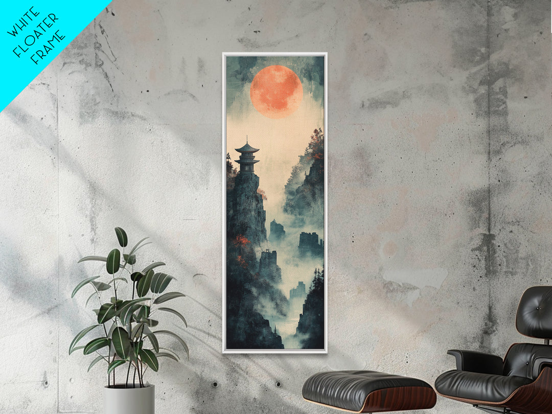 Misty Pagoda Cliffs Under Coral Moon Framed Canvas Print, Japanese Wall Art, Zen Landscape Decor, Moody Wall Decor, Gift For Her