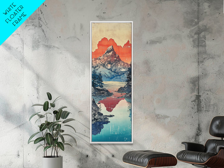 Snowy Mountain Lake Reflection Wall Art, Japanese Woodblock Landscape Print, Blue Teal Canvas For Cabin Living Room Decor