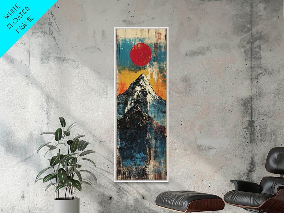 Red Sun Snowy Fuji Mountain Wall Art, Japanese Woodblock Landscape Print, Blue Abstract Canvas For Modern Japandi Decor Gift