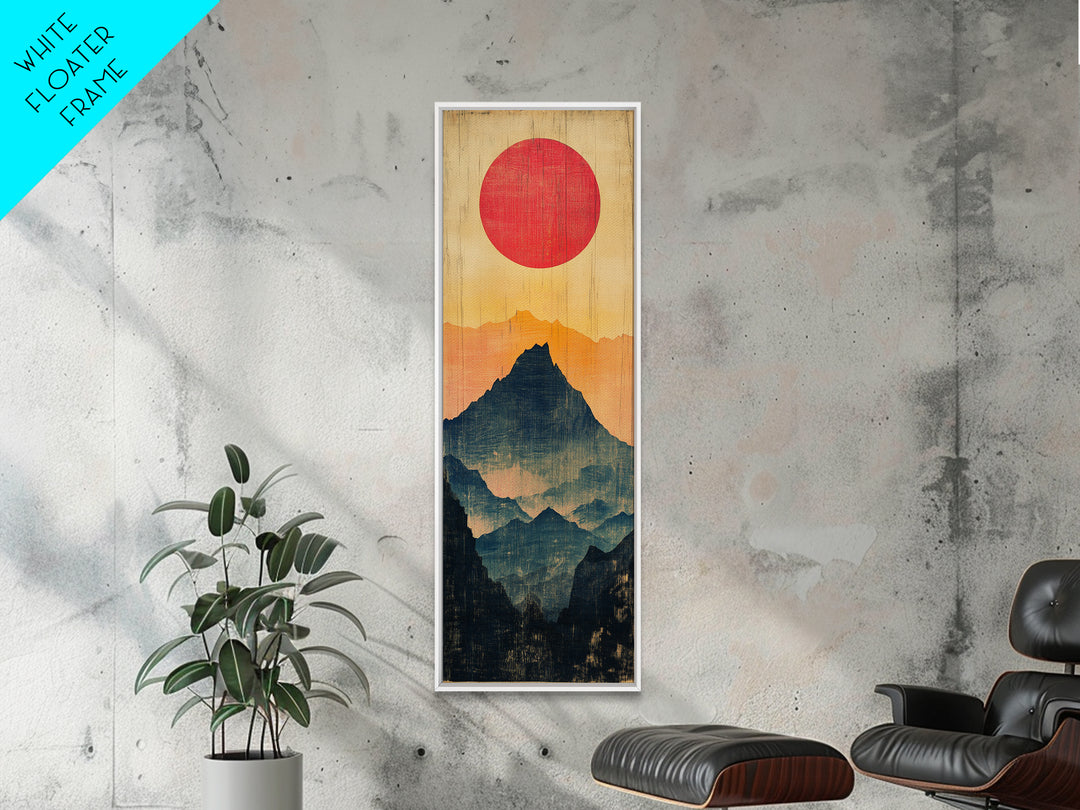 Red Sun Layered Mountain Silhouette Wall Art, Minimalist Japanese Landscape Print, Tall Narrow Canvas For Zen Home Decor