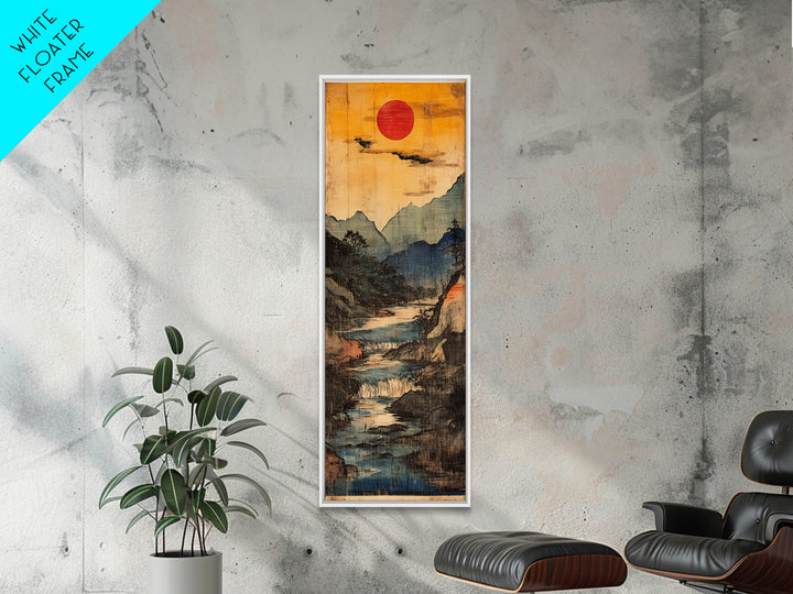 Red Sun Mountain River Wall Art, Japanese Waterfall Landscape Print For Japandi Home Decor And Serene Office Decor Poster