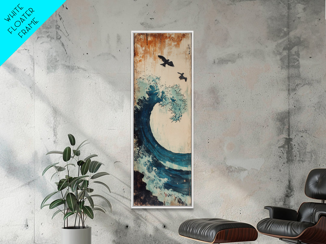 Teal Ocean Wave With Flying Birds Wall Art, Japanese Coastal Print For Bathroom Decor, Beach House Decor, And Gallery Wall