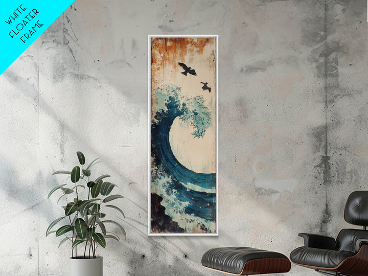 Teal Ocean Wave With Flying Birds Wall Art, Japanese Coastal Print For Bathroom Decor, Beach House Decor, And Gallery Wall