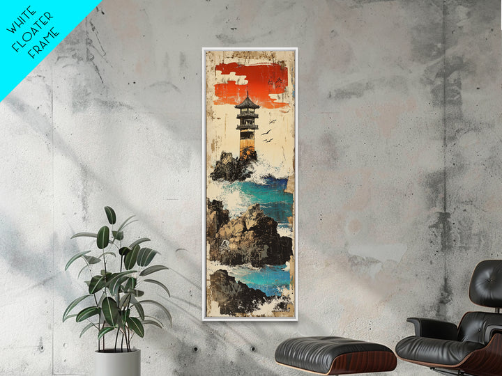 Cliffside Lighthouse Turquoise Sea Wall Art, Japanese Coastal Landscape Print For Beach House Decor And Nautical Office Decor
