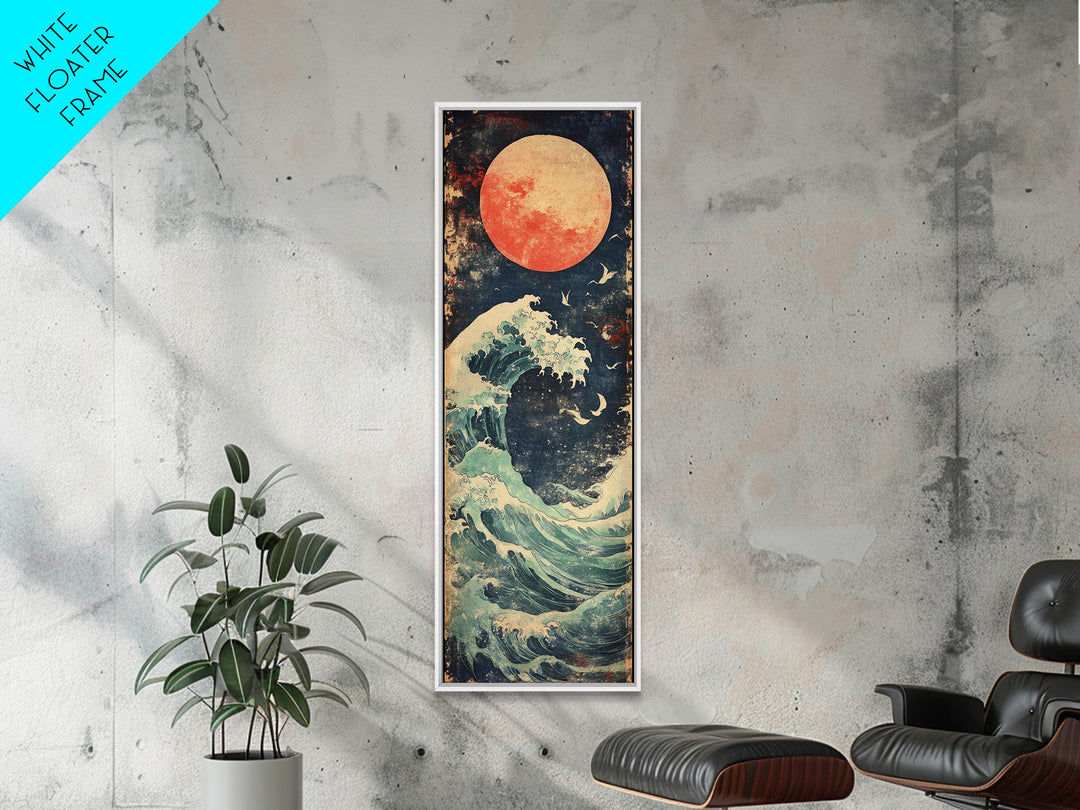 Full Moon Ocean Wave With Birds Framed Canvas Print, Japanese Coastal Wall Art For Beach House Decor And Moody Bedroom Decor