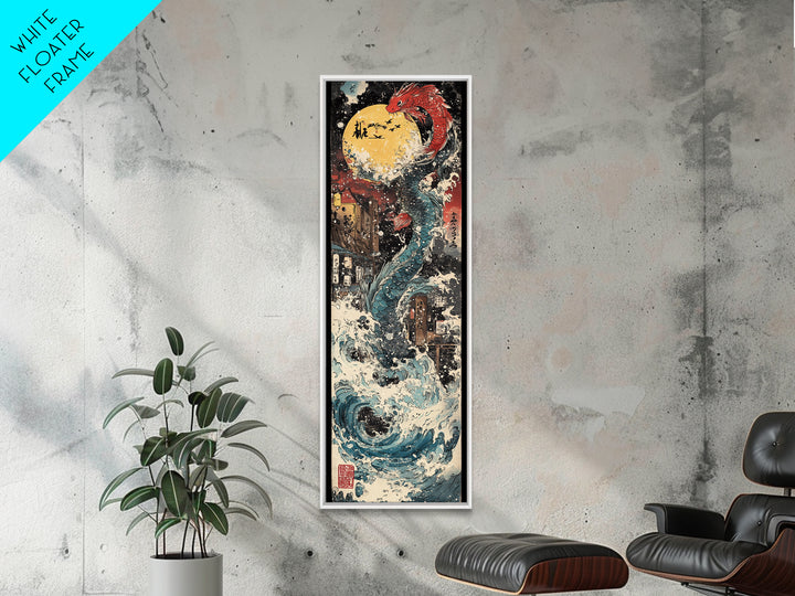 Red Dragon Moon And Crashing Waves Wall Art, Japanese Fantasy Sea Monster Canvas Print, Ukiyo E Ocean Decor Gift For Living Room