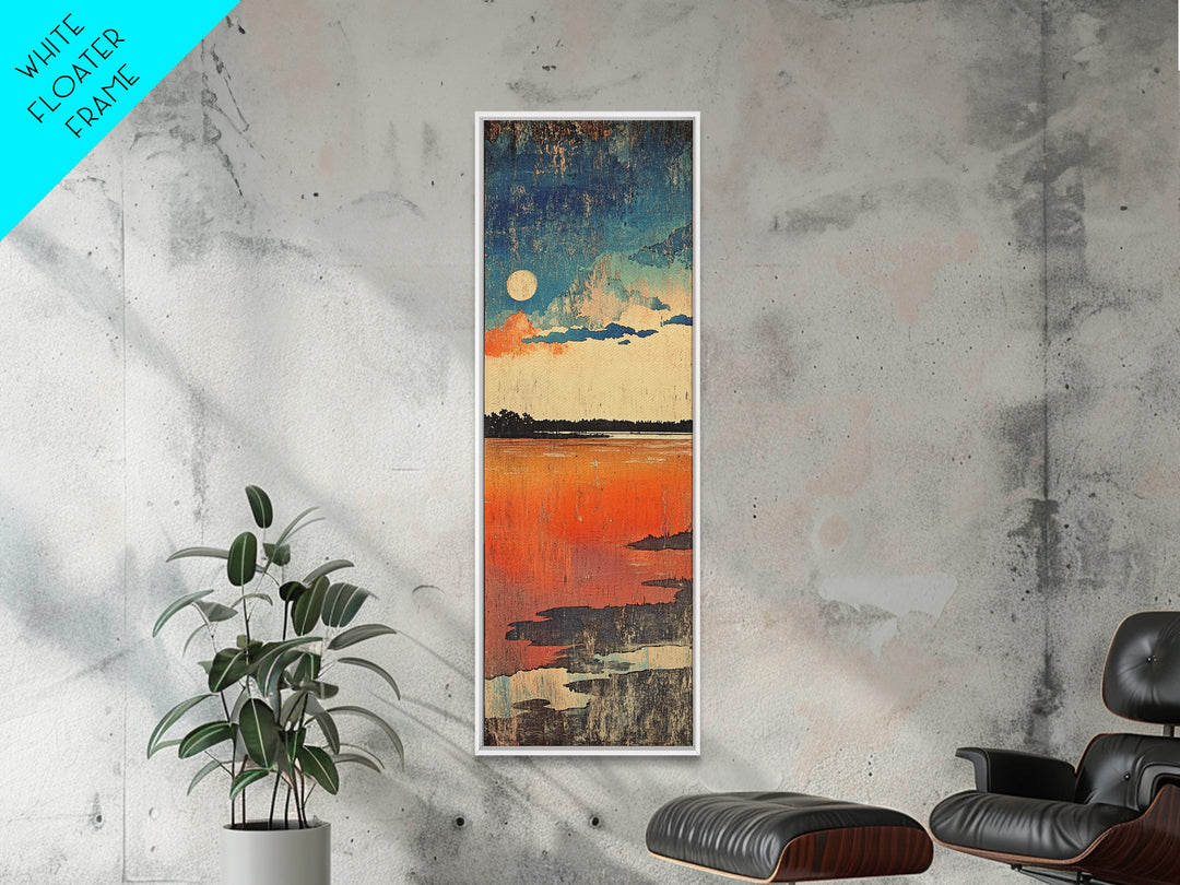 Full Moon Over Orange Lake Wall Art, Moody Abstract Landscape Canvas Print, Minimalist Nature Decor For Bedroom Living Room