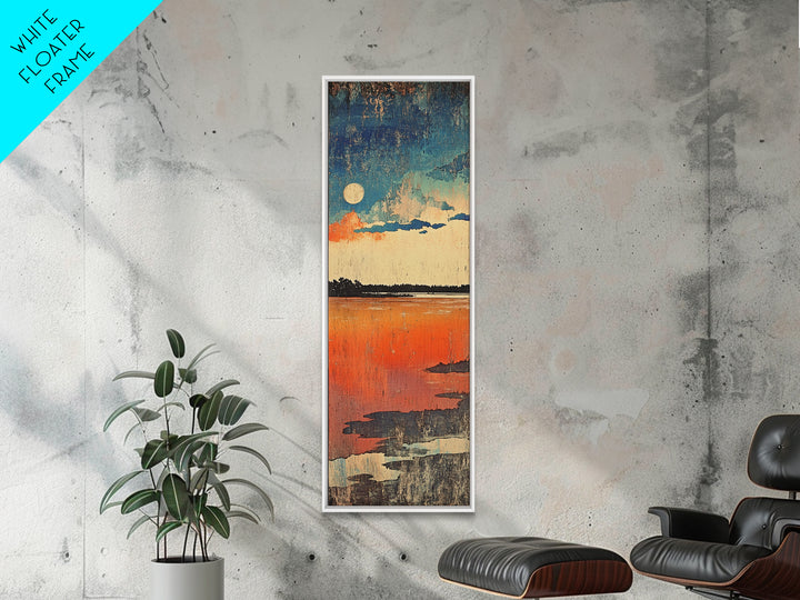 Full Moon Over Orange Lake Wall Art, Moody Abstract Landscape Canvas Print, Minimalist Nature Decor For Bedroom Living Room