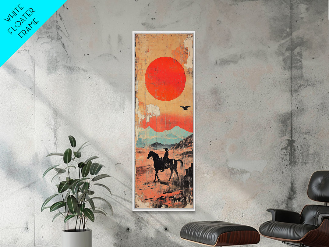 Horse Rider Under Red Sun Wall Art, Western Desert Landscape Canvas Print, Japanese Inspired Southwestern Living Room Home Decor