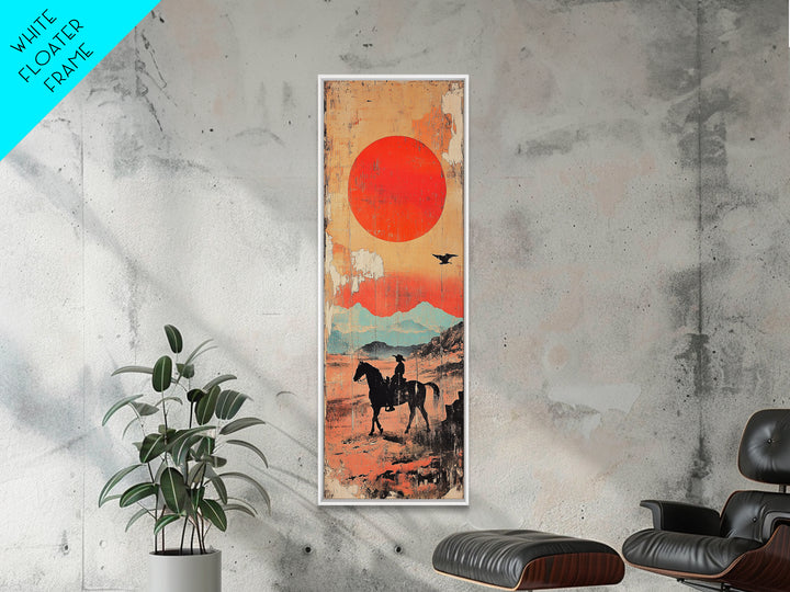 Horse Rider Under Red Sun Wall Art, Western Desert Landscape Canvas Print, Japanese Inspired Southwestern Living Room Home Decor