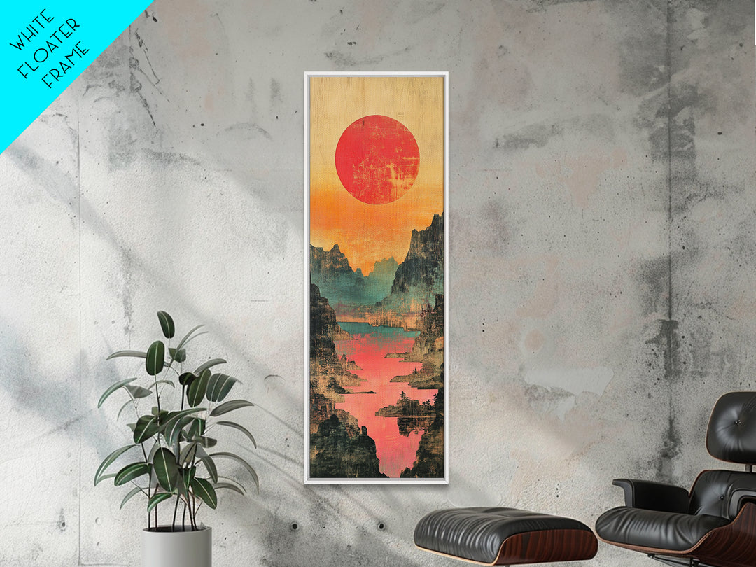 Red Sun Mountain River Valley Wall Art, Japanese Inspired Landscape Canvas Print, Teal Coral Nature Decor For Living Room