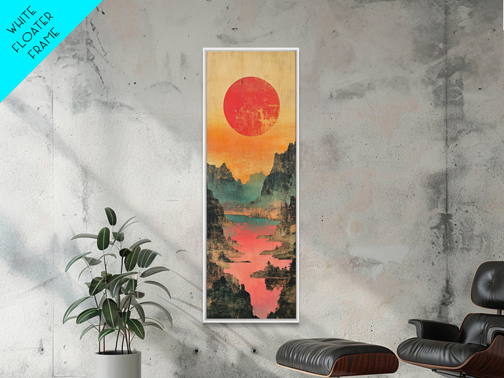 Red Sun Mountain River Valley Wall Art, Japanese Inspired Landscape Canvas Print, Teal Coral Nature Decor For Living Room