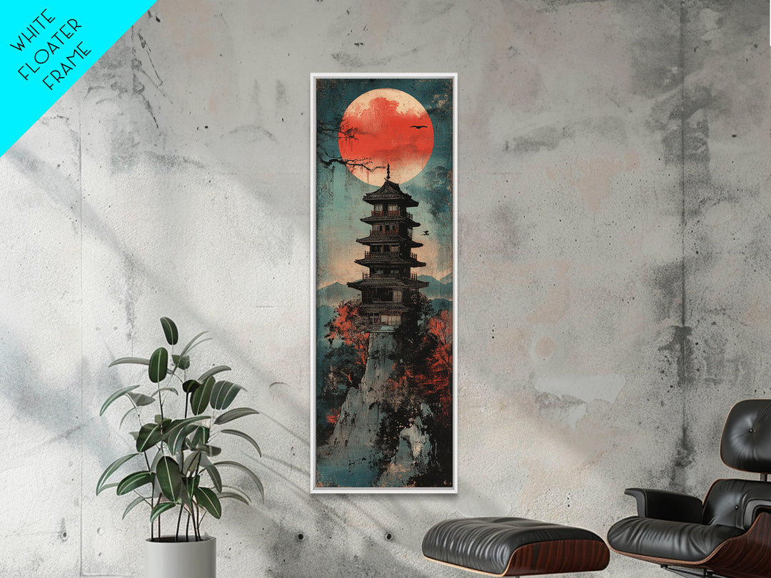 Red Sun Pagoda On Misty Mountain Wall Art, Japanese Landscape Canvas Print, Japandi Zen Decor, Asian Home Decor Gift For Living Room