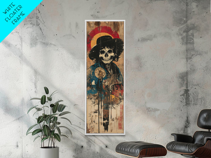 Skeleton Samurai With Red Halo Wall Art, Japanese Gothic Canvas Print, Dark Academia Decor, Macabre Warrior Gift For Him