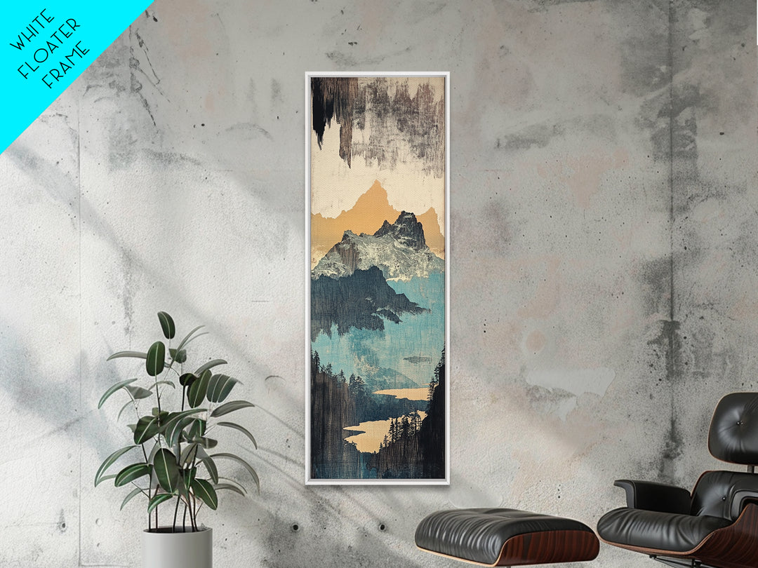 Misty Mountain Lake And Pines Wall Art, Japanese Landscape Canvas Print, Neutral Nature Decor, Large Vertical Art For Cabin