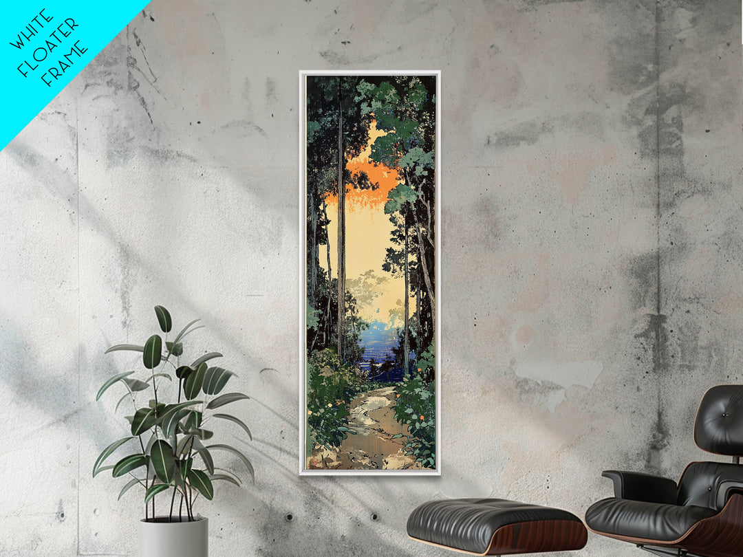 Sunlit Forest Path To Blue Water Wall Art, Japanese Nature Canvas Print, Green Woodland Decor, Calming Landscape Gift Idea