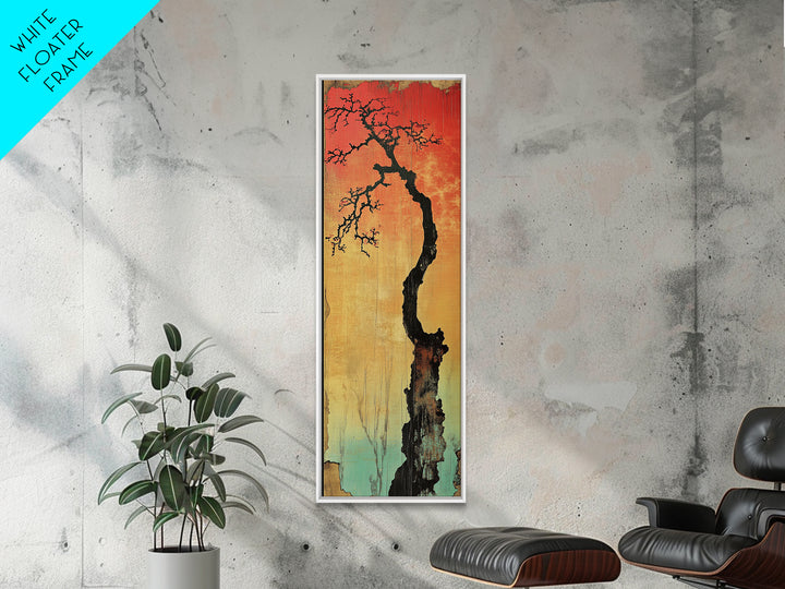 Lone Twisted Tree At Red Sunset Wall Art, Japanese Landscape Canvas Print, Moody Nature Decor, Minimalist Rustic Art For Cabin