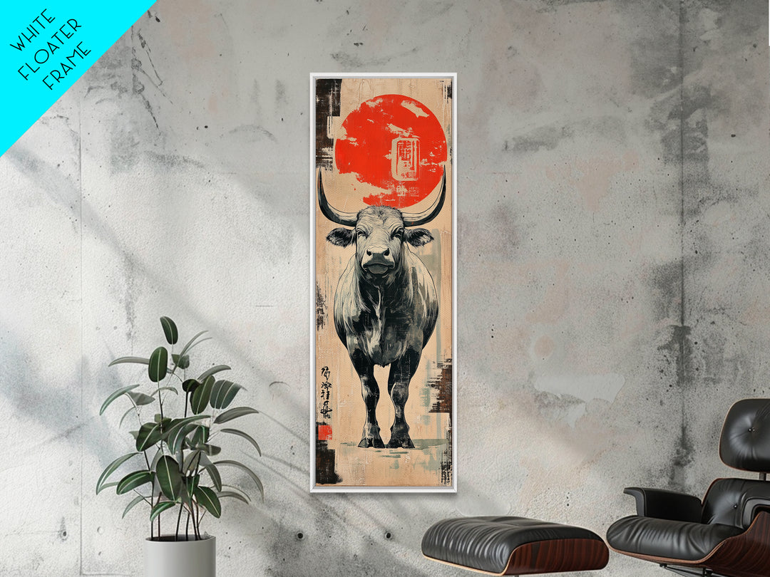White Bull Beneath Rising Red Sun Wall Art, Japanese Animal Canvas Print, Rustic Farmhouse Decor, Bold Western Gift For Him