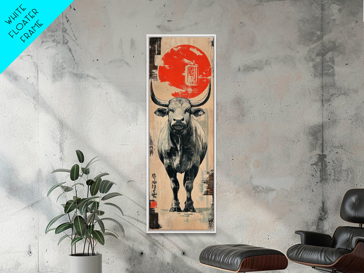 White Bull Beneath Rising Red Sun Wall Art, Japanese Animal Canvas Print, Rustic Farmhouse Decor, Bold Western Gift For Him