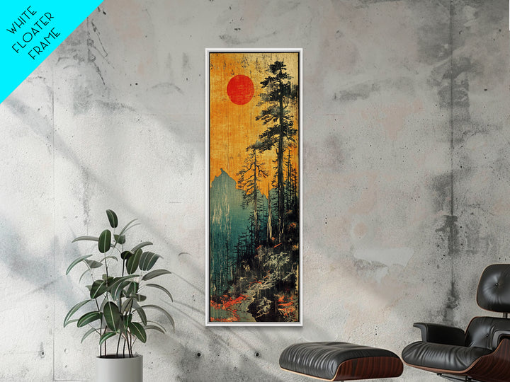 Tall Pines And Red Sun Mountain Wall Art, Japanese Forest Canvas Print, Rustic Cabin Decor, Nature Lover Gift For Home Decor
