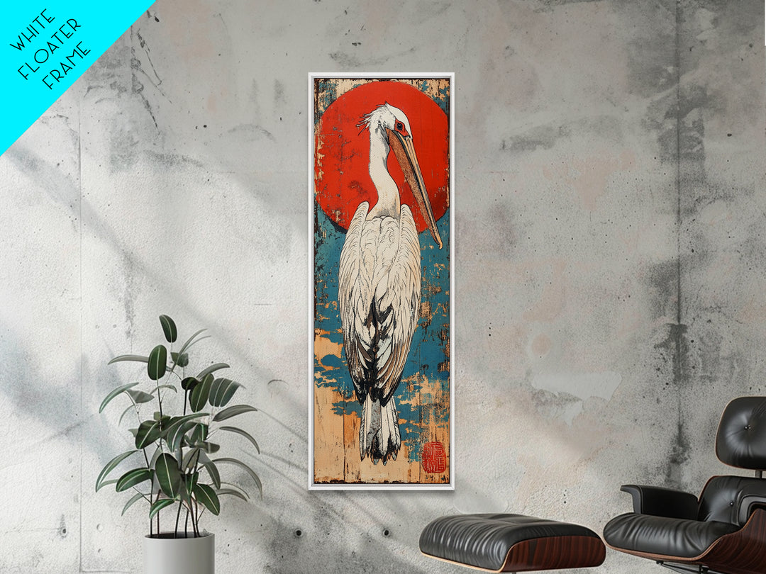 White Pelican Wall Art, Japanese Red Sun Bird Print, Coastal Wildlife Art, Asian Inspired Decor, Nautical Framed Canvas Print
