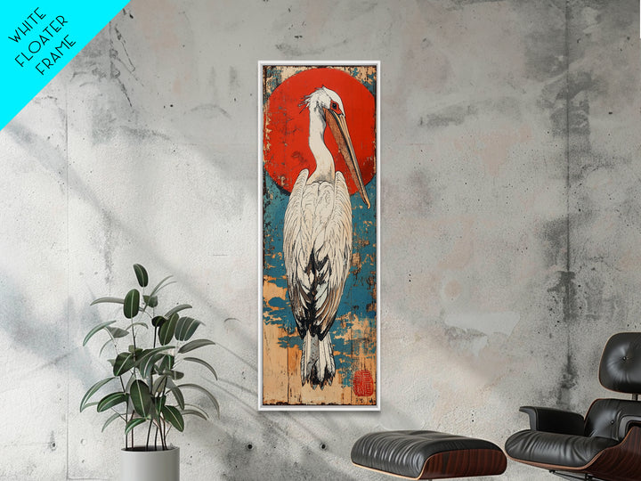 White Pelican Wall Art, Japanese Red Sun Bird Print, Coastal Wildlife Art, Asian Inspired Decor, Nautical Framed Canvas Print