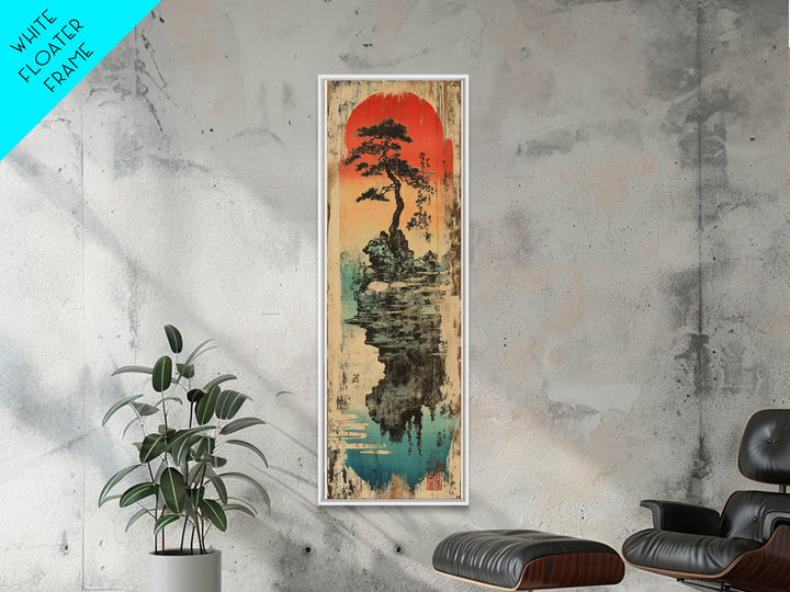 Japanese Bonsai Island Wall Art, Red Sun Zen Landscape Print, Japandi Wall Decor, Asian Inspired Canvas Print, Tranquil Decor