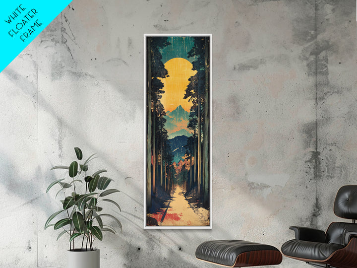 Sunlit Forest Path And Mountain View Framed Canvas Print, Japanese Wall Art, Japandi Nature Decor, Tall Narrow Landscape