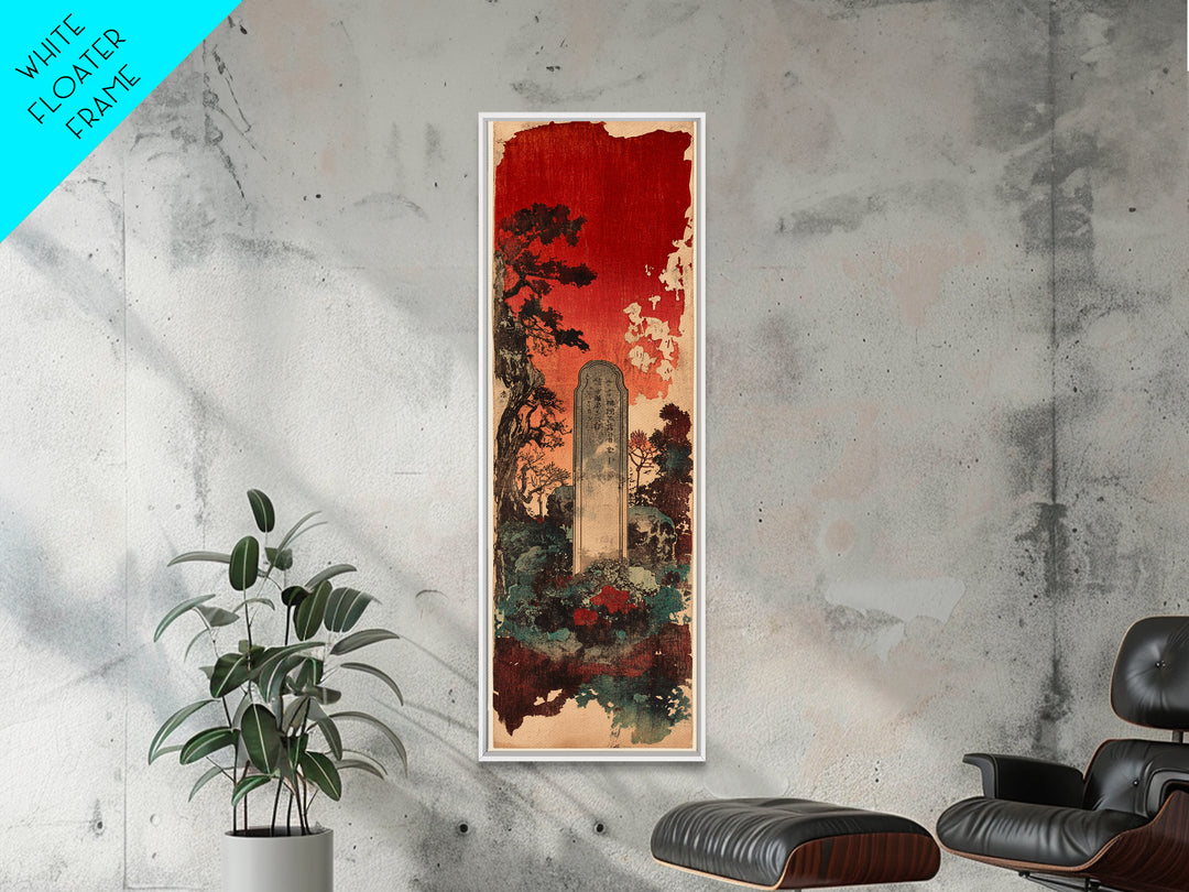 Ancient Stone Grave Under Crimson Sky Canvas Print, Gothic Japanese Wall Art, Dark Academia Decor, Moody Cemetery Artwork