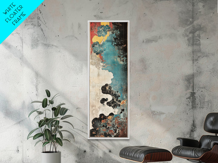 Turquoise Cloudscape With Red Moon Wall Art, Abstract Japanese Canvas Print, Moody Coastal Decor, Teal Black Statement Art