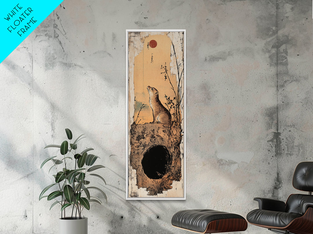 Prairie Dog At Burrow Under Red Moon Canvas Print, Whimsical Animal Wall Art, Japanese Nature Decor, Nursery Art Print, Kids Room Decor