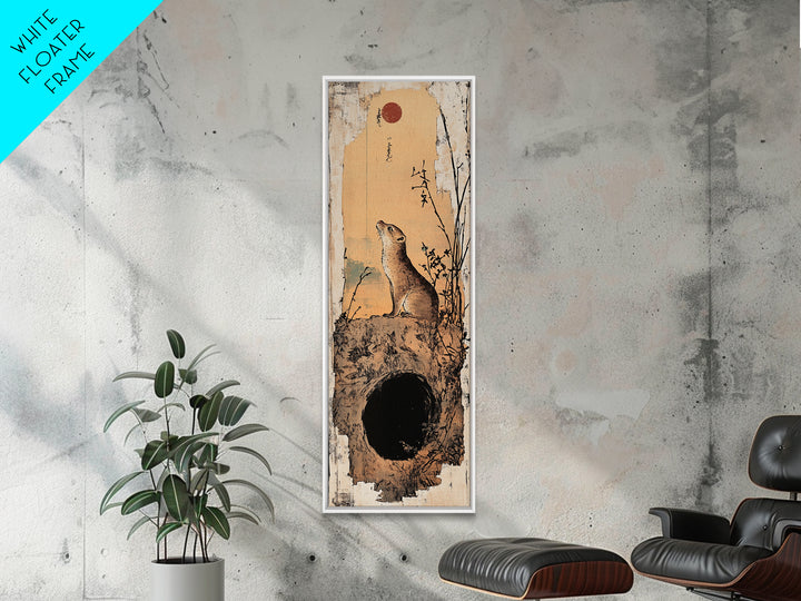 Prairie Dog At Burrow Under Red Moon Canvas Print, Whimsical Animal Wall Art, Japanese Nature Decor, Nursery Art Print, Kids Room Decor