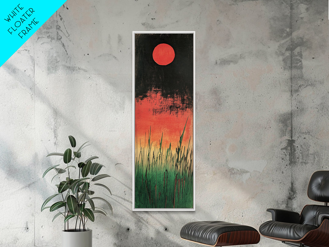 Red Sun Marsh Grass Canvas Print, Japanese Inspired Landscape, Moody Black And Green Wall Decor, Modern Nature Wall Art Print
