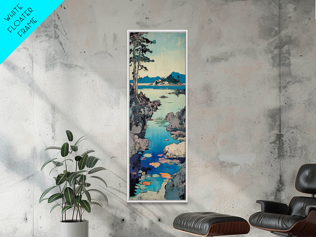 Rocky Coastal Cove Framed Canvas Print, Japanese Landscape Wall Art, Blue Ocean Decor, Serene Living Room Nature Art Print